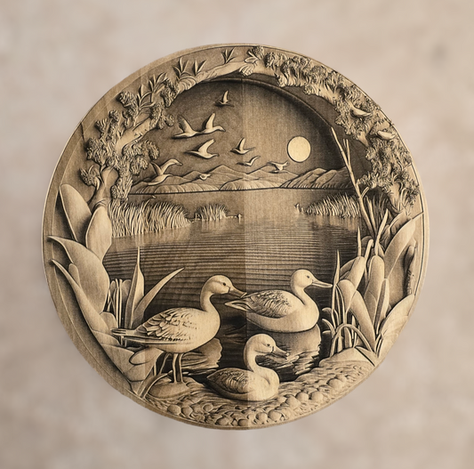 Laser Engraved 3d Ducks Wood Round