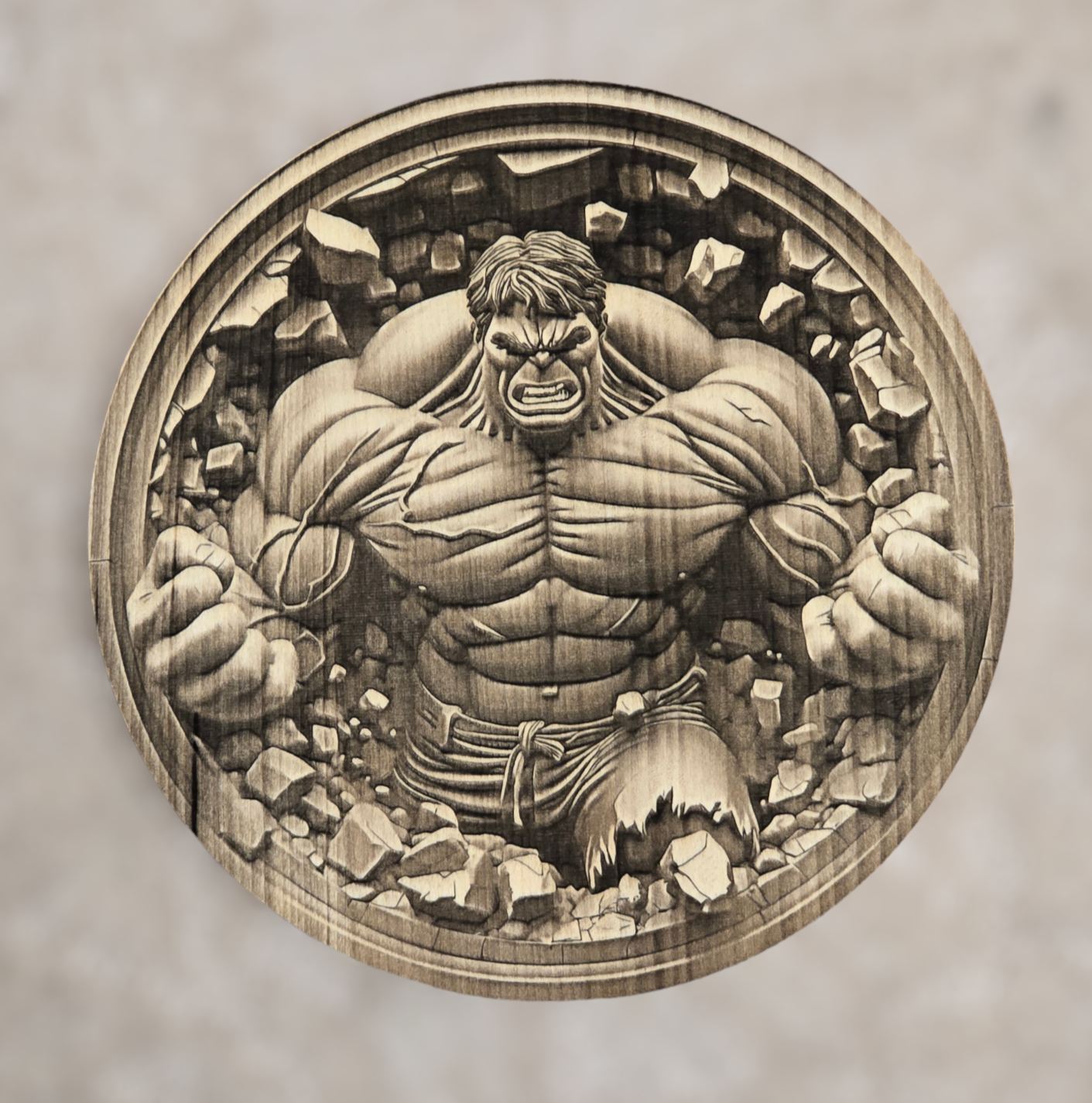 Laser engraved Hulk wood round