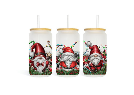 3 Christmas Gnomes 16oz Frosted Glass Can - Kato Kreations