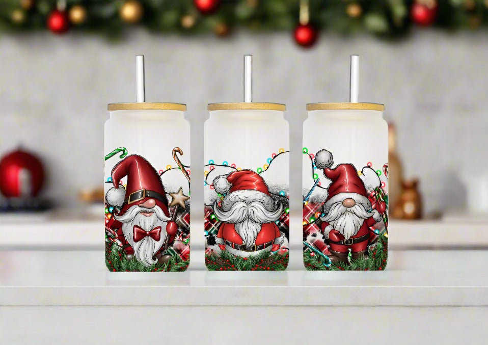 3 Christmas Gnomes 16oz Frosted Glass Can - Kato Kreations