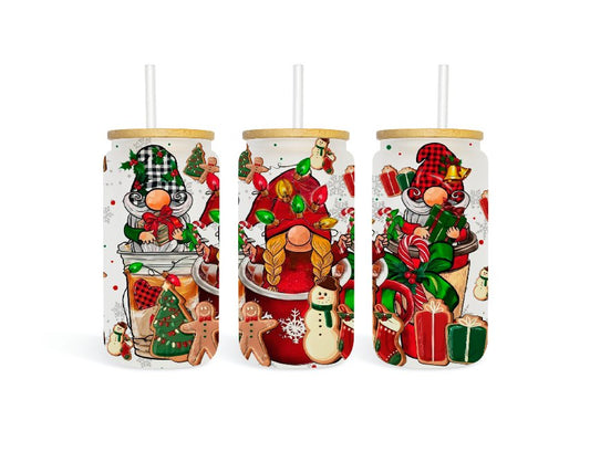 Christmas Coffee Gnomes 16oz Frosted Glass Can - Kato Kreations
