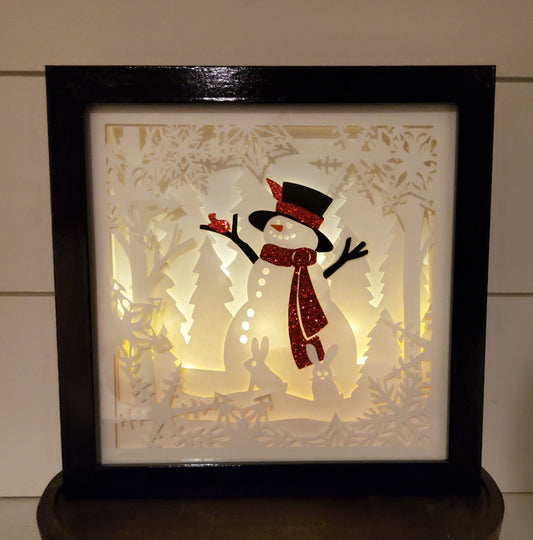 Christmas Snowman Shadow box that Lights-up - Kato Kreations