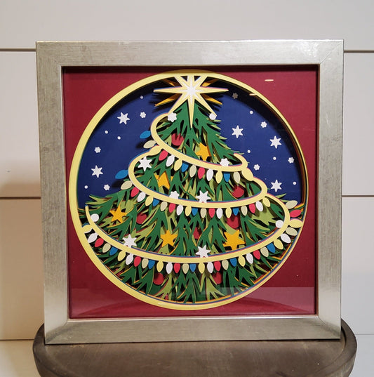 Christmas Tree Shadow box with silver colored frame - Kato Kreations