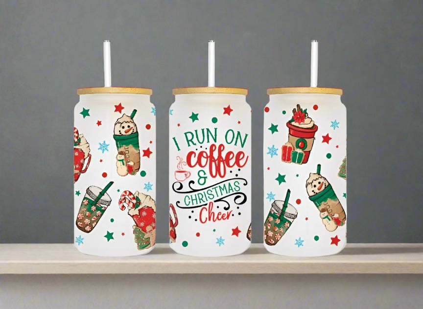 Coffee and Christmas Cheer 16oz Frosted Glass Can - Kato Kreations