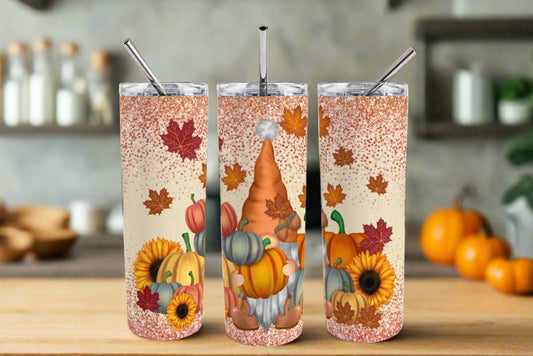 Fall Gnome with Pumpkins and Leaves 20 oz Skinny Tumbler - Kato Kreations