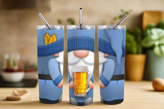 Gnome Holding a Beer 20 oz Skinny Tumbler - Kato Kreations