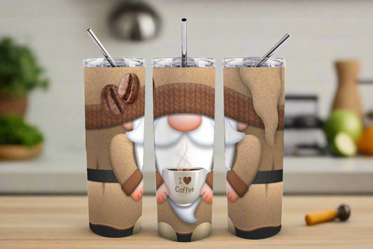 Gnome Holding a Cup of Coffee 20 oz Skinny Tumbler - Kato Kreations