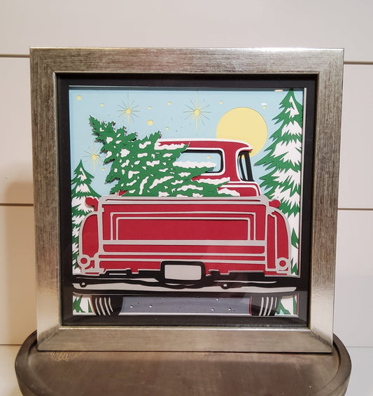 Red Truck with Christmas Tree Shadow box