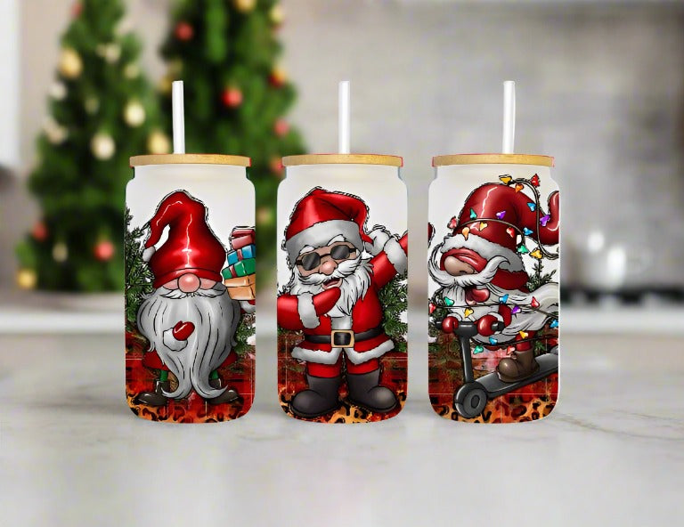 Santa Gnomes 16oz Frosted Glass Can